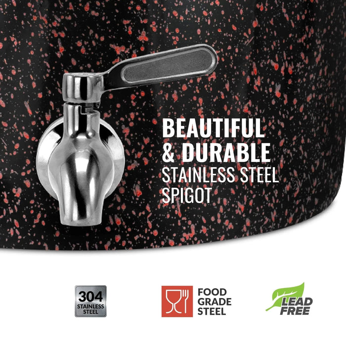 Close-up of the GEO Porcelain Ceramic Crock Water Dispenser – Black w/ Red Speckles with a 304 food-grade, BPA-free, lead-free stainless steel spigot. Text: Beautiful & Durable Stainless Steel Spigot.
