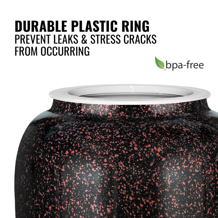 Close-up of the GEO Porcelain Ceramic Crock Water Dispenser in black with red speckles. Features a durable, BPA-free plastic ring that prevents leaks and stress cracks, shown with a green leaf icon.