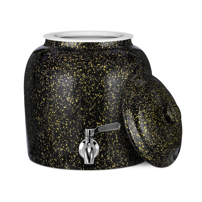 The GEO Porcelain Ceramic Crock Water Dispenser in black with yellow speckles features a metal spigot and matching removable lid, perfect for serving BPA-free drinks.