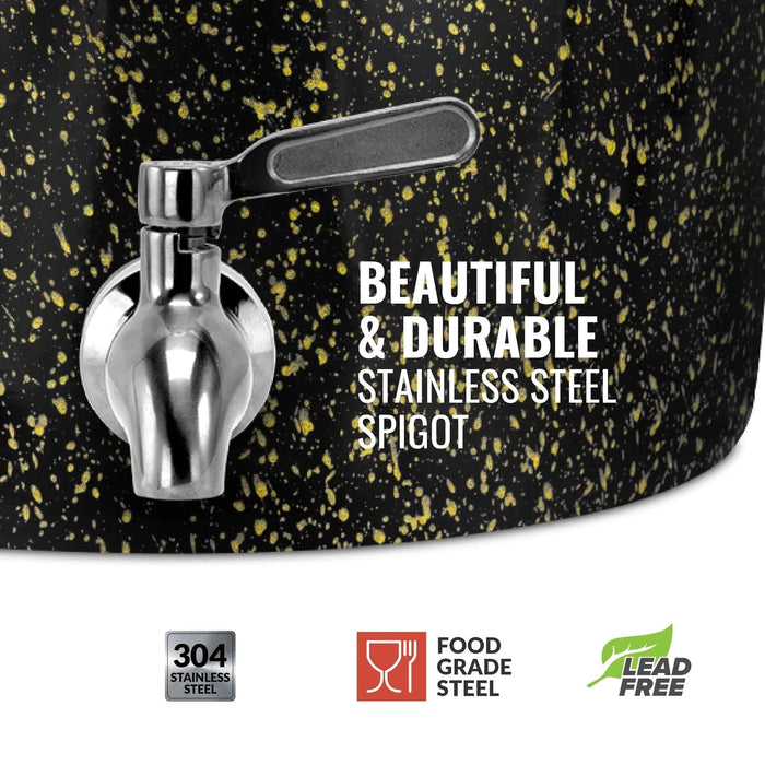 Close-up of the GEO Porcelain Ceramic Crock Water Dispenser – Black w/ Yellow Speckles with a “Beautiful & Durable, Stainless Steel Spigot.” Icons show 304 stainless steel, food grade, BPA-free, and lead free.