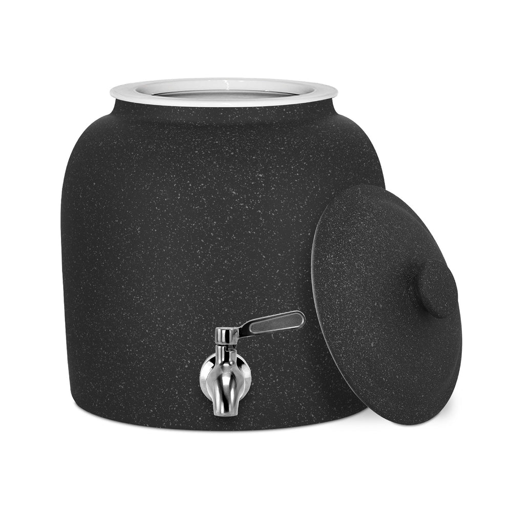 The GEO Porcelain Ceramic Crock Water Dispenser – Black Speckled features a large, BPA-free ceramic body with a speckled black finish, a metal spigot, and a matching removable lid resting angled beside the opening.