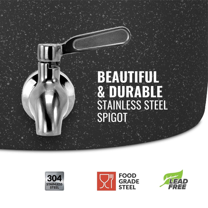 Close-up of the GEO Porcelain Ceramic Crock Water Dispenser – Black Speckled with a stainless steel spigot. Text: Beautiful & Durable 304 Food Grade Stainless Steel Spigot. Icons: Lead Free, BPA-Free.