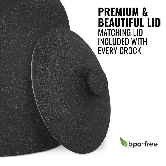 The GEO Porcelain Ceramic Crock Water Dispenser – Black Speckled is shown with a matching lid. Text reads: "Premium & Beautiful Lid." Every crock includes a matching lid. A BPA-free label with a green leaf appears at the bottom right.
