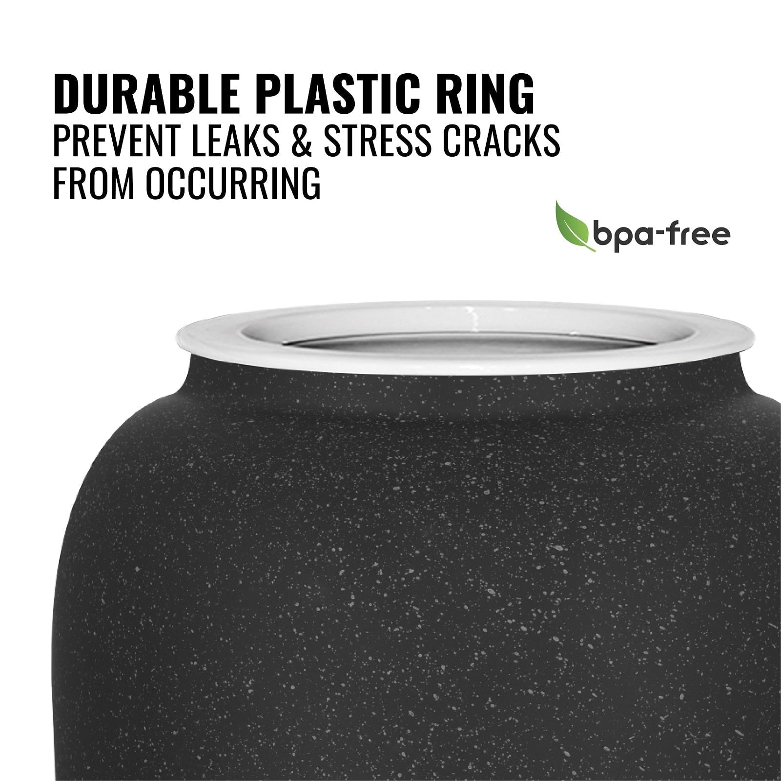 Close-up of the GEO Porcelain Ceramic Crock Water Dispenser in black speckled, featuring a white plastic ring on top. Text: Durable plastic ring prevents leaks and cracks. BPA-free logo with green leaf shown.