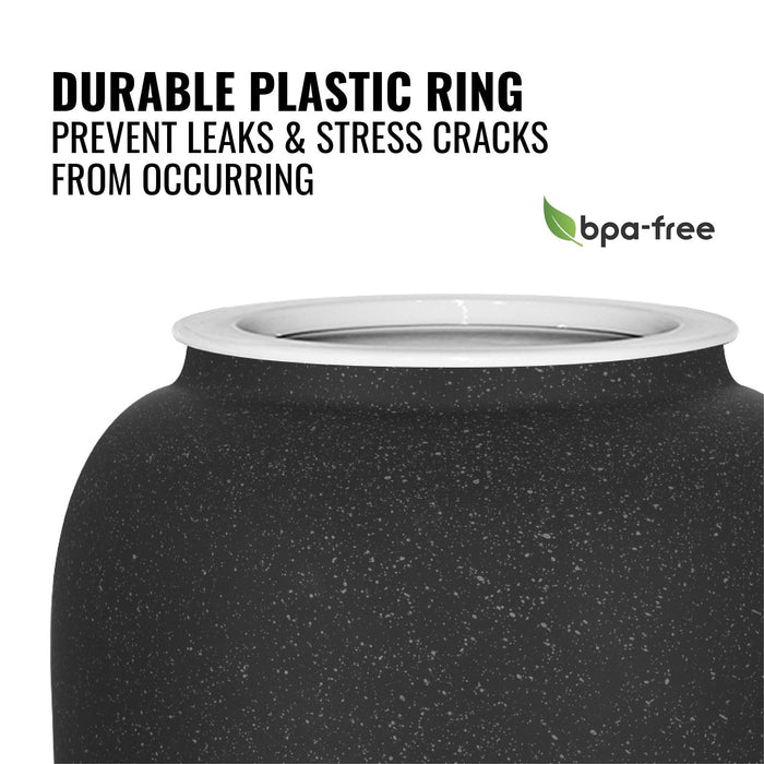 Close-up of the GEO Porcelain Ceramic Crock Water Dispenser in black speckled, featuring a white plastic ring on top. Text: Durable plastic ring prevents leaks and cracks. BPA-free logo with green leaf shown.