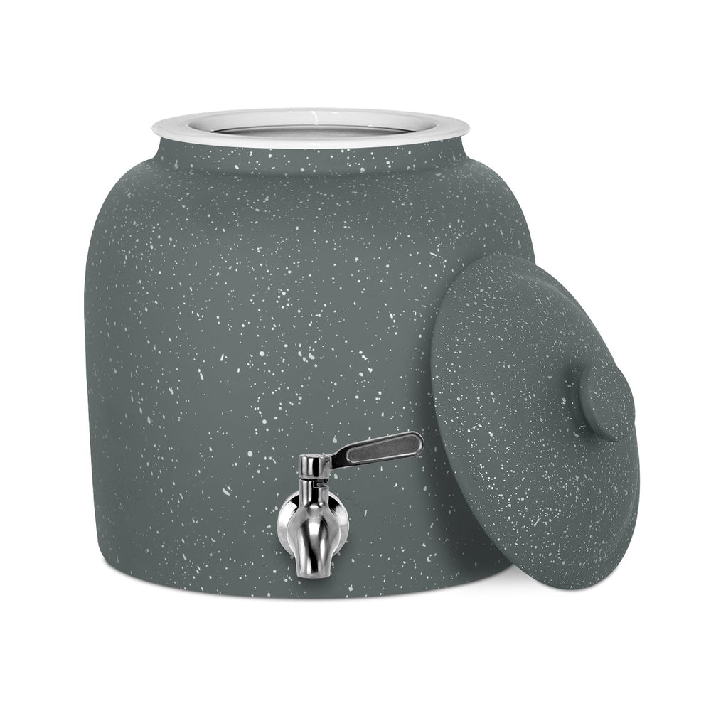 The GEO Porcelain Ceramic Crock Water Dispenser in dark gray speckled features a round body, silver spigot, and matching removable lid. The BPA-free dispenser is showcased empty against a white background.