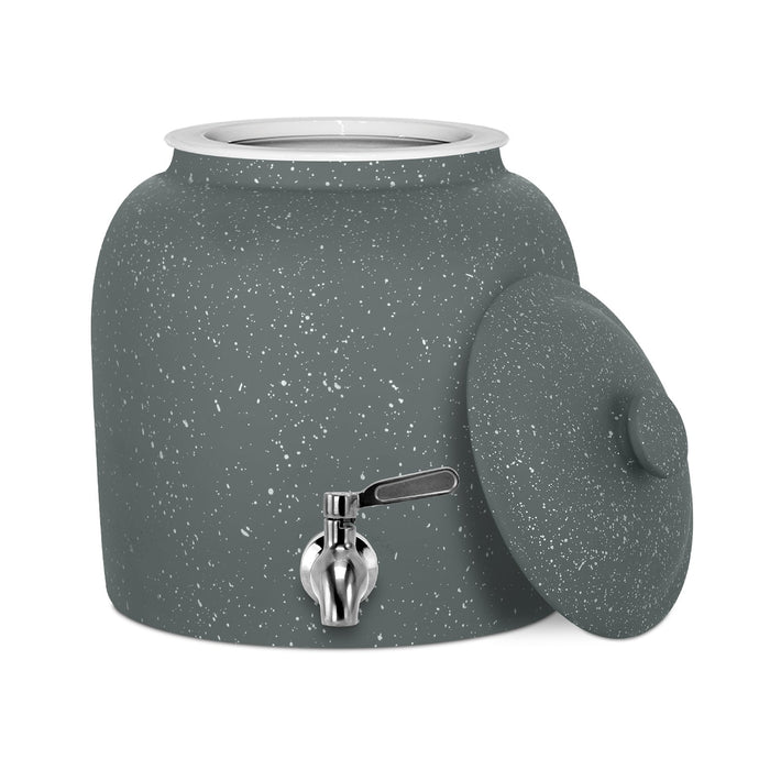 The GEO Porcelain Ceramic Crock Water Dispenser in dark gray speckled features a round body, silver spigot, and matching removable lid. The BPA-free dispenser is showcased empty against a white background.