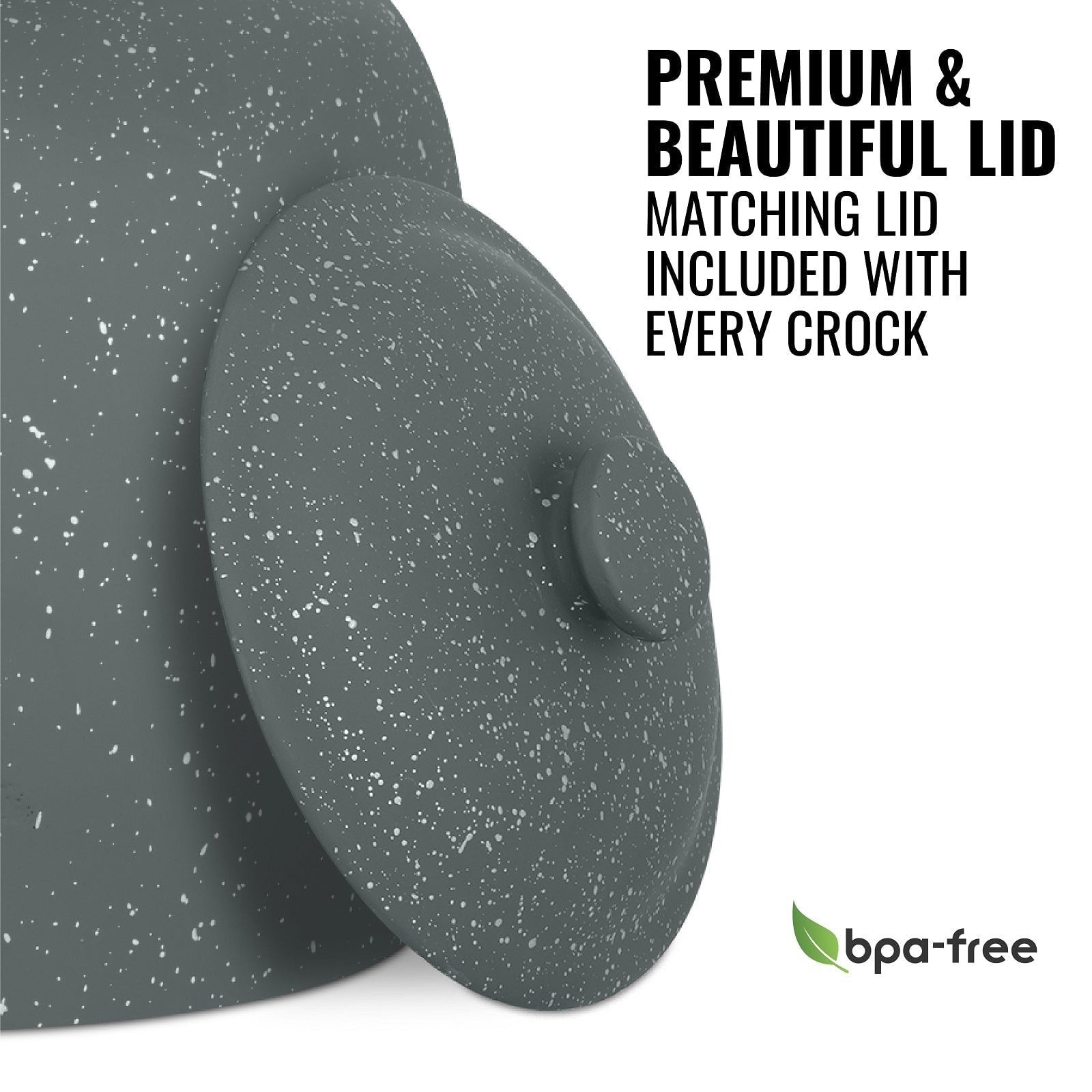 Close-up of the GEO Porcelain Ceramic Crock Water Dispenser in dark gray speckled finish, featuring a premium matching lid and BPA-free label with green leaf icon. Text: Premium & beautiful lid, matching lid included, BPA-free.