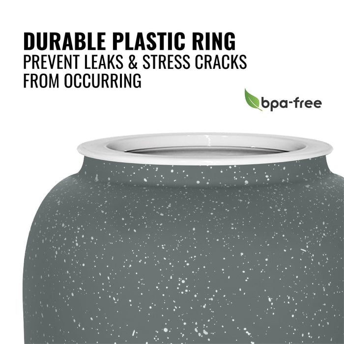 Close-up of the GEO Porcelain Ceramic Crock Water Dispenser in dark gray speckled finish. Features a durable plastic ring to prevent leaks & stress cracks, BPA-free label, and green leaf icon for eco-friendliness.