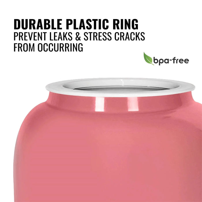Close-up of the GEO Porcelain Ceramic Crock Water Dispenser – Pink with a white plastic leak-proof ring. BPA-free (green leaf icon). Durable design prevents leaks & stress cracks. Ideal for use with your ceramic water dispenser.