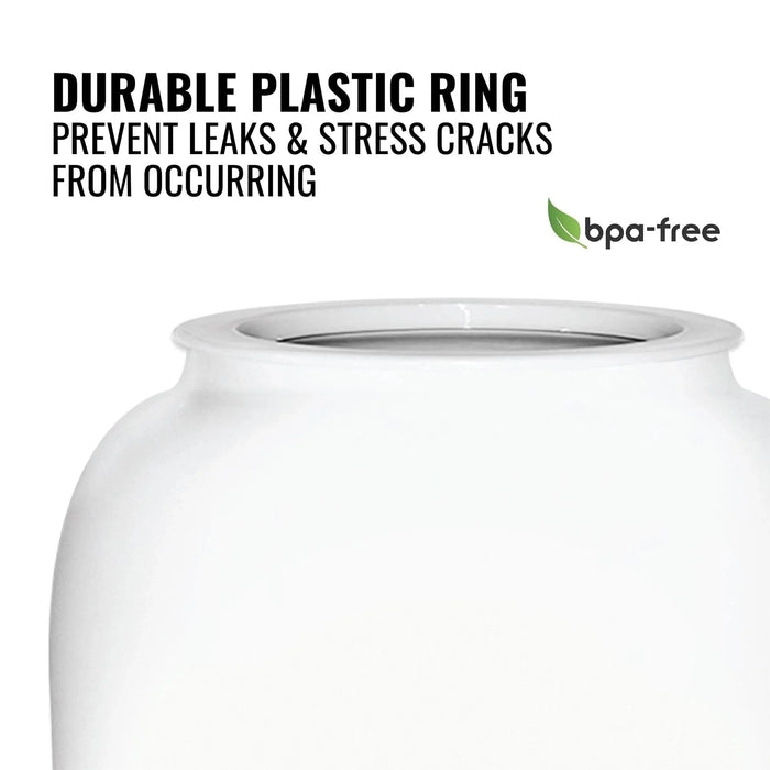 A close-up of the GEO Porcelain Ceramic Crock Water Dispenser – White, featuring a durable plastic ring for 3 & 5 gallon bottles. Text: Durable plastic ring prevents leaks & stress cracks. Includes BPA-free label with green leaf icon.