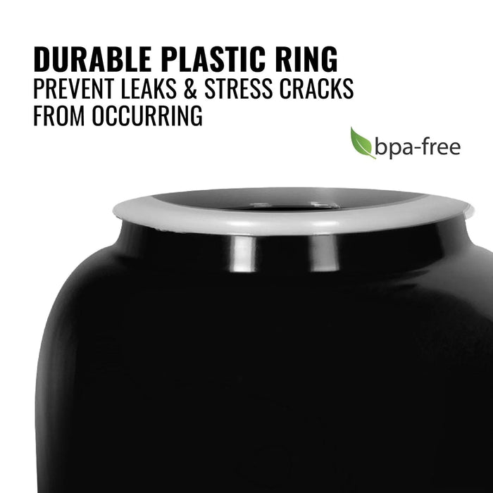 Close-up of the GEO Porcelain Ceramic Crock Water Dispenser w/ Stand – Black, featuring a white, leak-proof BPA-free ring with a green leaf label—ideal for use with your ceramic crock or wooden stand.