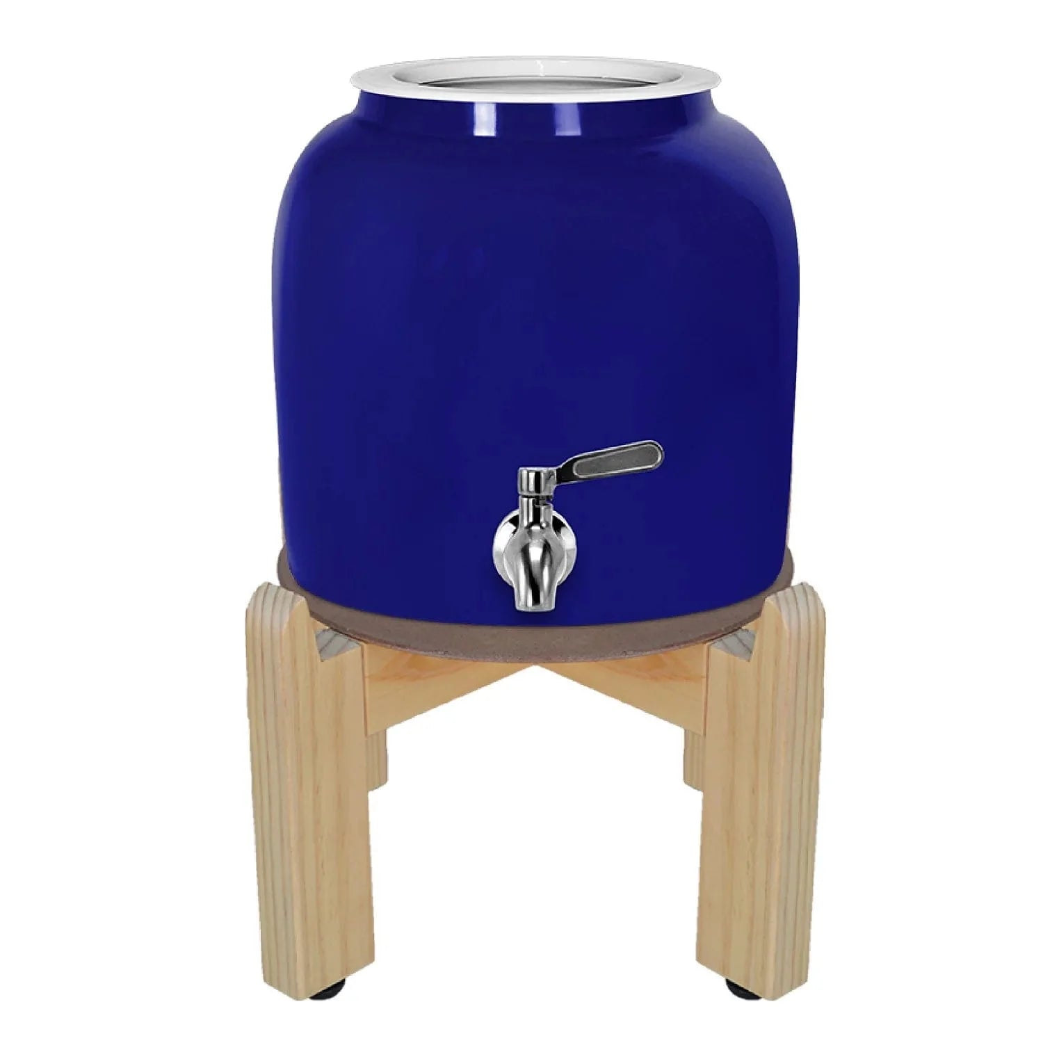 The GEO Porcelain Ceramic Crock Water Dispenser w/ Stand in blue features a BPA-free ceramic body, metal spigot, and wooden stand, displayed against a white background.