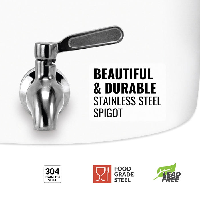Close-up of a 304 stainless steel spigot on the GEO Porcelain Ceramic Crock Water Dispenser w/ Stand – Blue Stripe. Text: “Beautiful & Durable Stainless Steel Spigot.” BPA-free, food grade, and lead free icons shown.