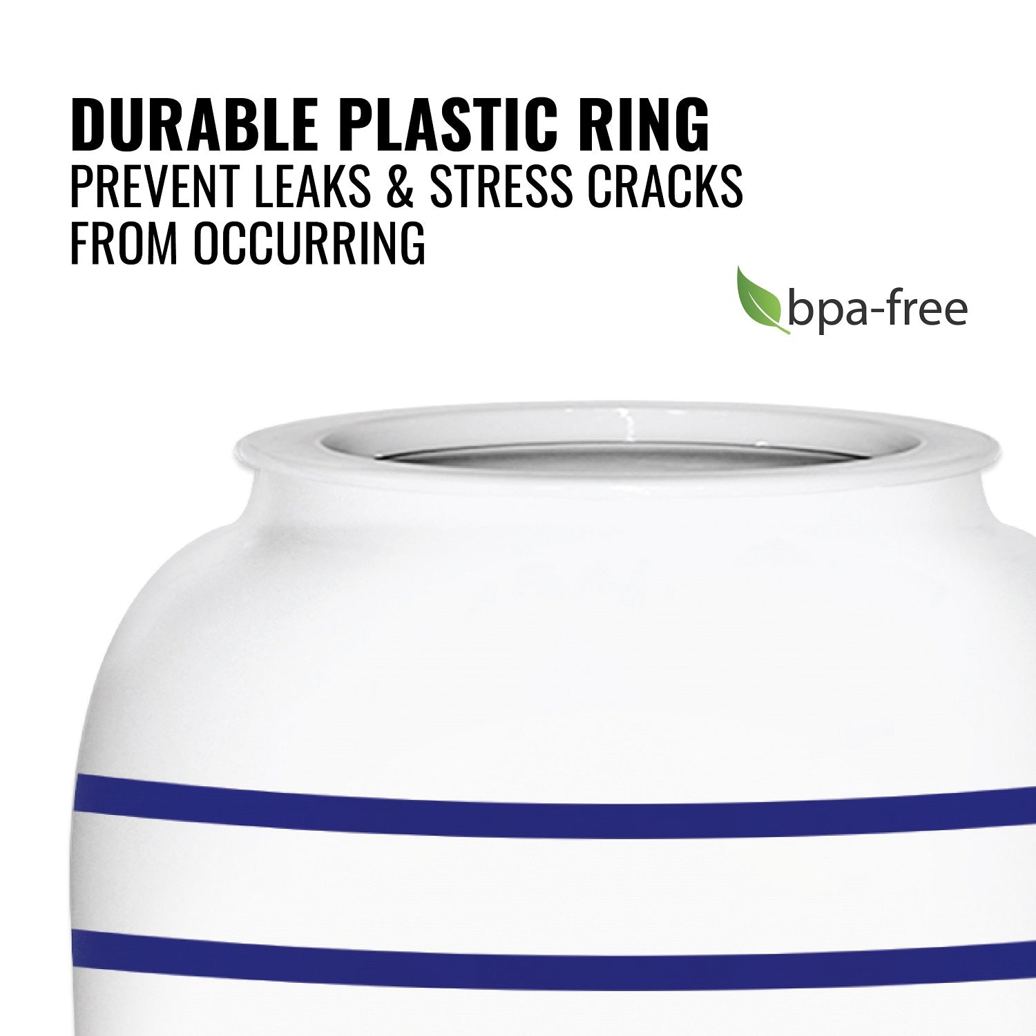 The GEO Porcelain Ceramic Crock Water Dispenser w/ Stand – Blue Stripe features a white ceramic body, blue stripes, a BPA-free plastic ring to prevent leaks and stress cracks, plus a green "BPA-free" label for added peace of mind.