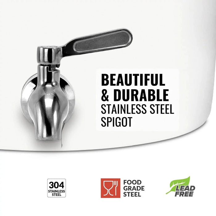 A close-up of the GEO Porcelain Ceramic Crock Water Dispenser w/ Stand – White shows a beautiful & durable stainless steel spigot. Icons highlight 304 stainless steel, food grade, BPA-free, and lead-free features. Perfect for your home or office.