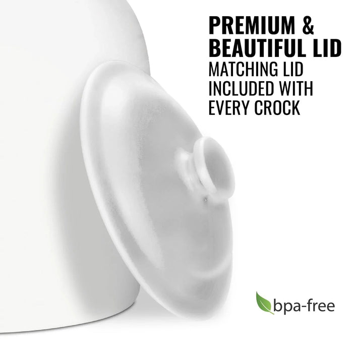 Close-up of the GEO Porcelain Ceramic Crock Water Dispenser w/ Stand – White, with matching lid leaning against it. Text: “Premium & Beautiful Lid. Matching lid included.” Green BPA-free symbol shown in the corner.