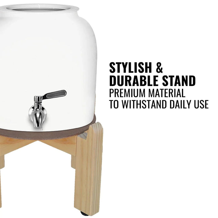The GEO Porcelain Ceramic Crock Water Dispenser in white features a metal spigot and sits on a stylish, durable wooden stand. Made from premium, BPA-free materials for safe, everyday use.
