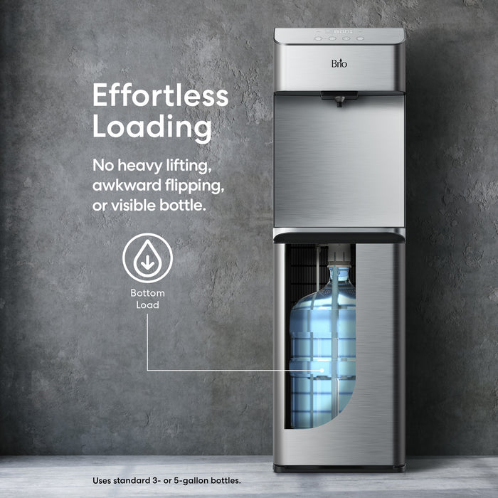 CLBL730SC bottom load water dispenser with text highlighting effortless loading feature on a gray background