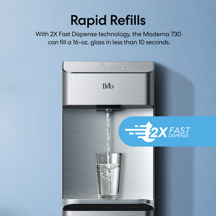 Brio water dispenser filling a glass with text about rapid refills and fast dispense technology on a blue background.