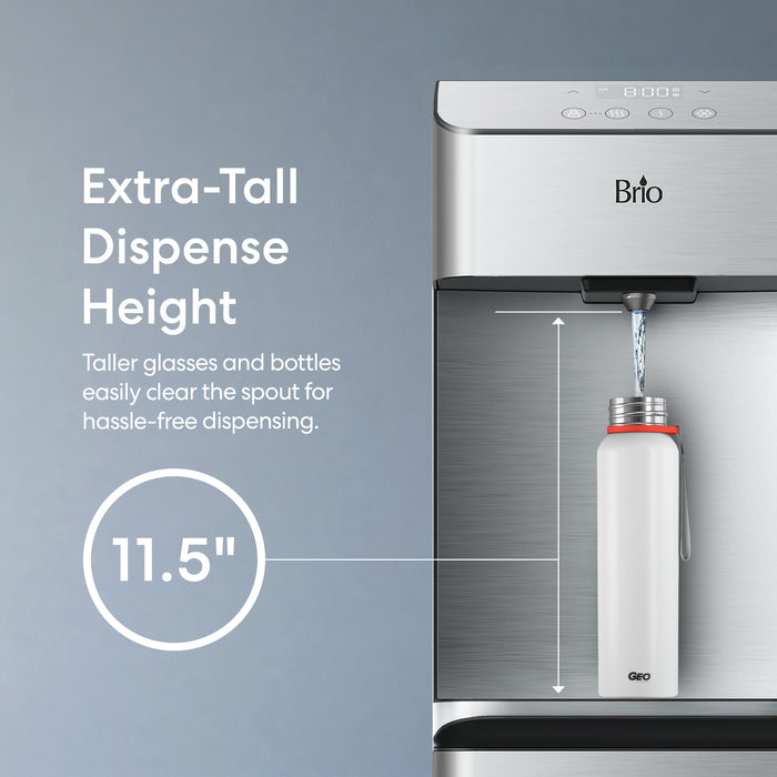 Brio water dispenser with a bottle being filled, labeled 'Extra-Tall Dispense Height' on a gray background.