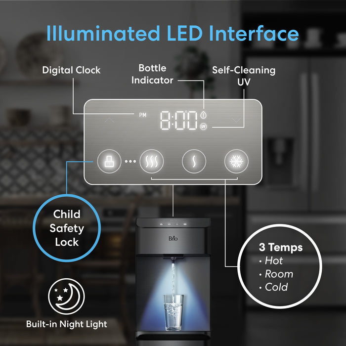 Illuminated LED interface of a CLBL730SC bottom load water dispenser with various features highlighted.