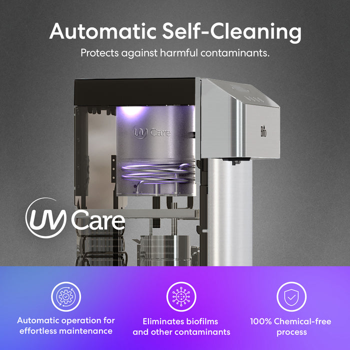 UV Care machine with text highlighting its self-cleaning features on a gray background