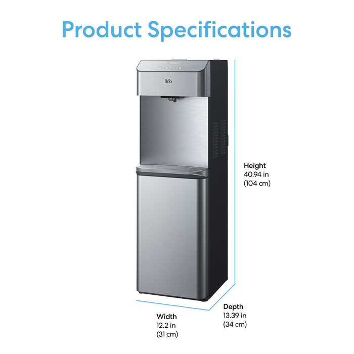 Brio 730 Series bottom load water cooler with dimensions on a white background