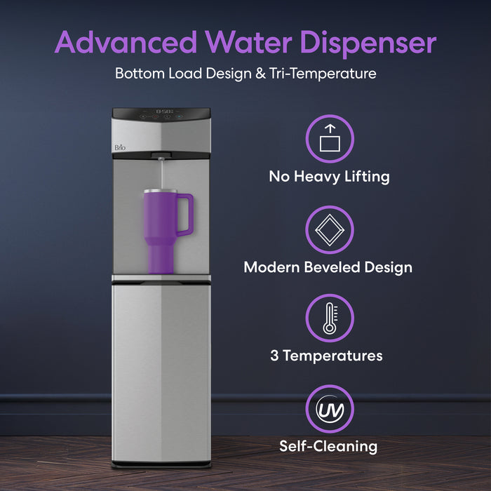 Advanced water dispenser with purple cup on a dark background, featuring text about its features.