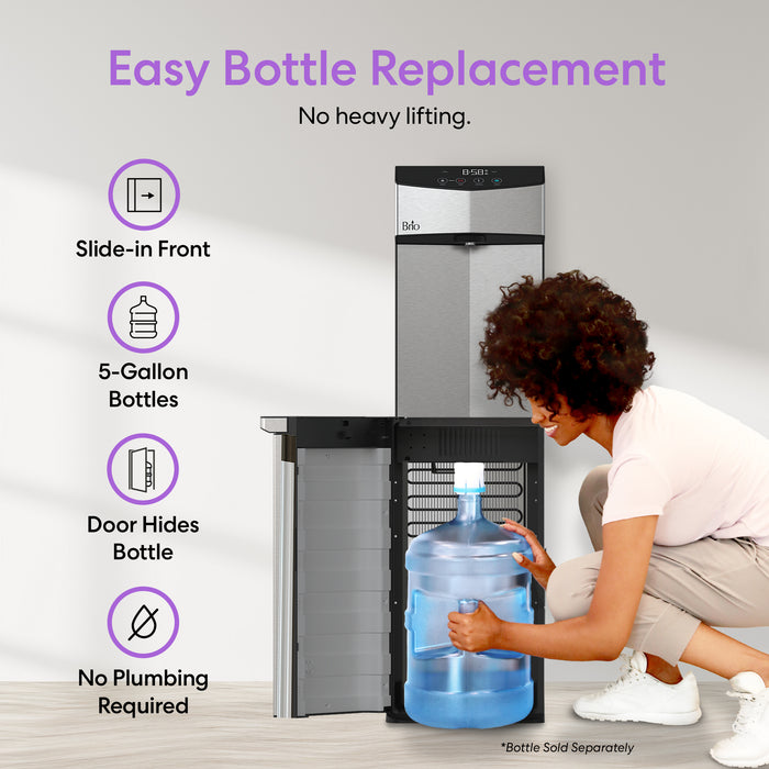 Woman replacing a water bottle in a Brio water cooler with text highlighting features.