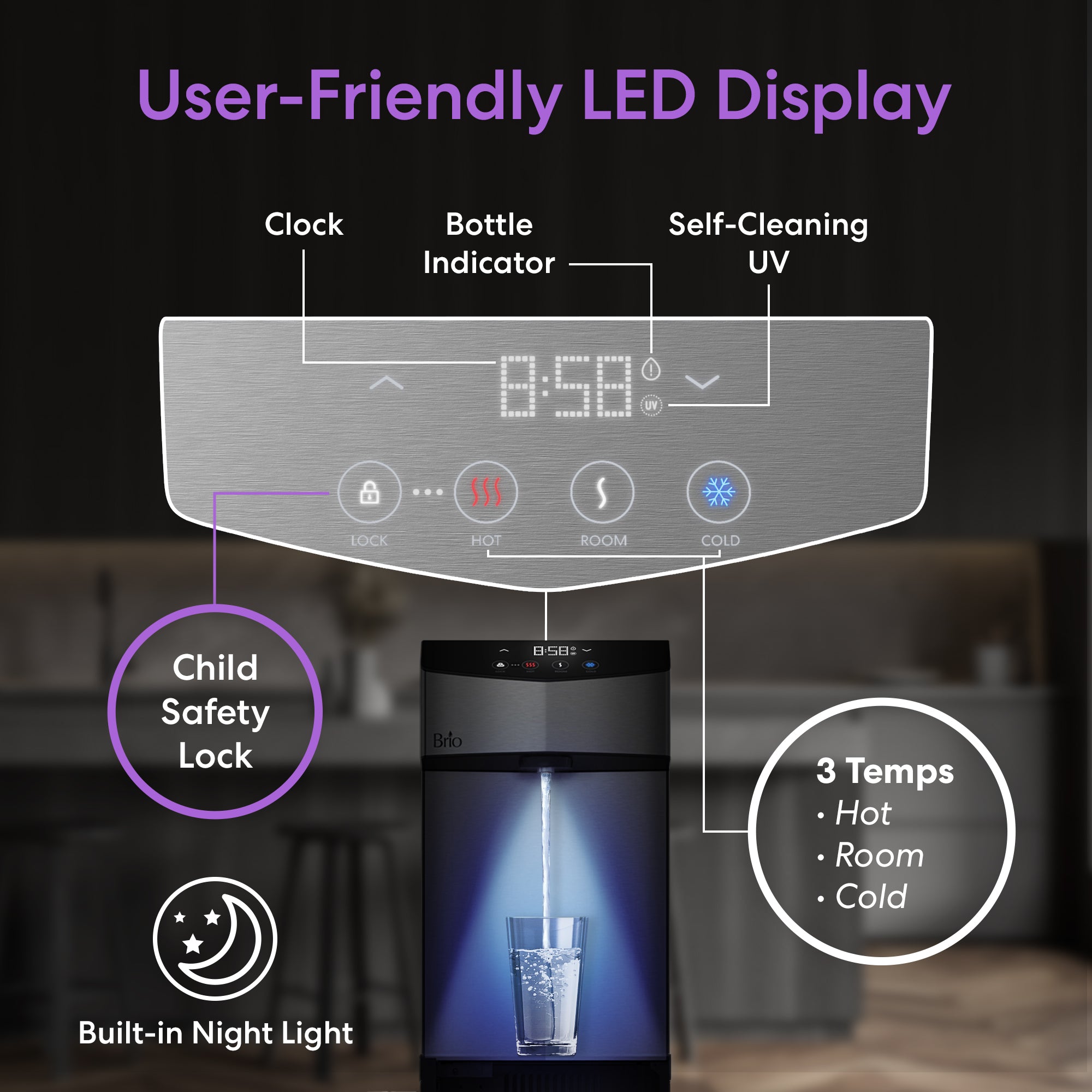 Water dispenser with user-friendly LED display and various features highlighted