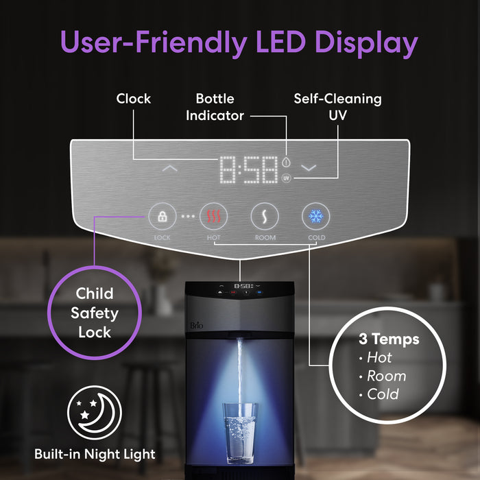 Water dispenser with user-friendly LED display and various features highlighted