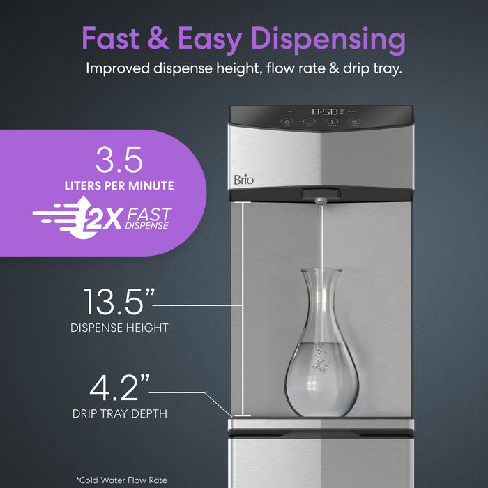 Brio water dispenser with features highlighted on a dark background