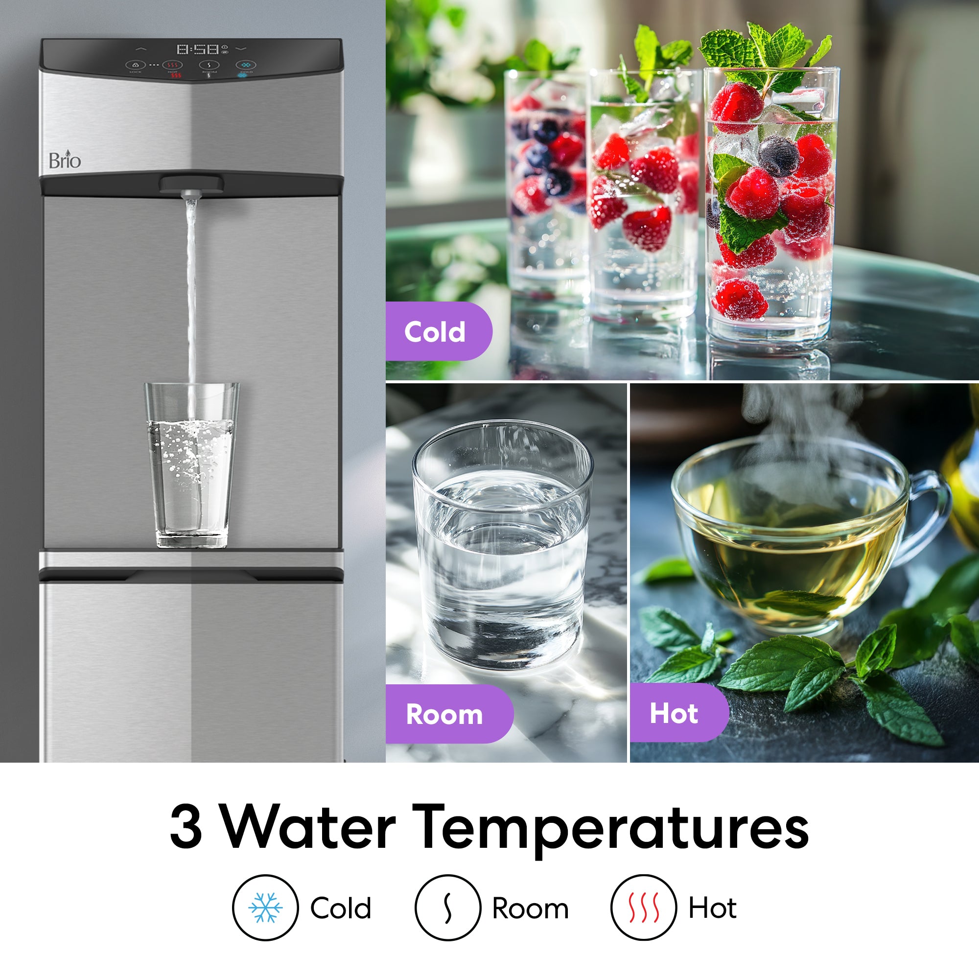 Brio water dispenser with images of cold, room, and hot water, and drinks.