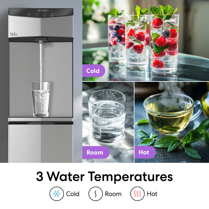 Brio water dispenser with images of cold, room, and hot water, and drinks.