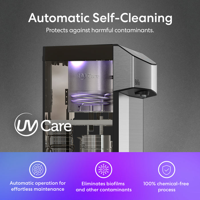 UV Care machine with text highlighting its self-cleaning features on a gray background