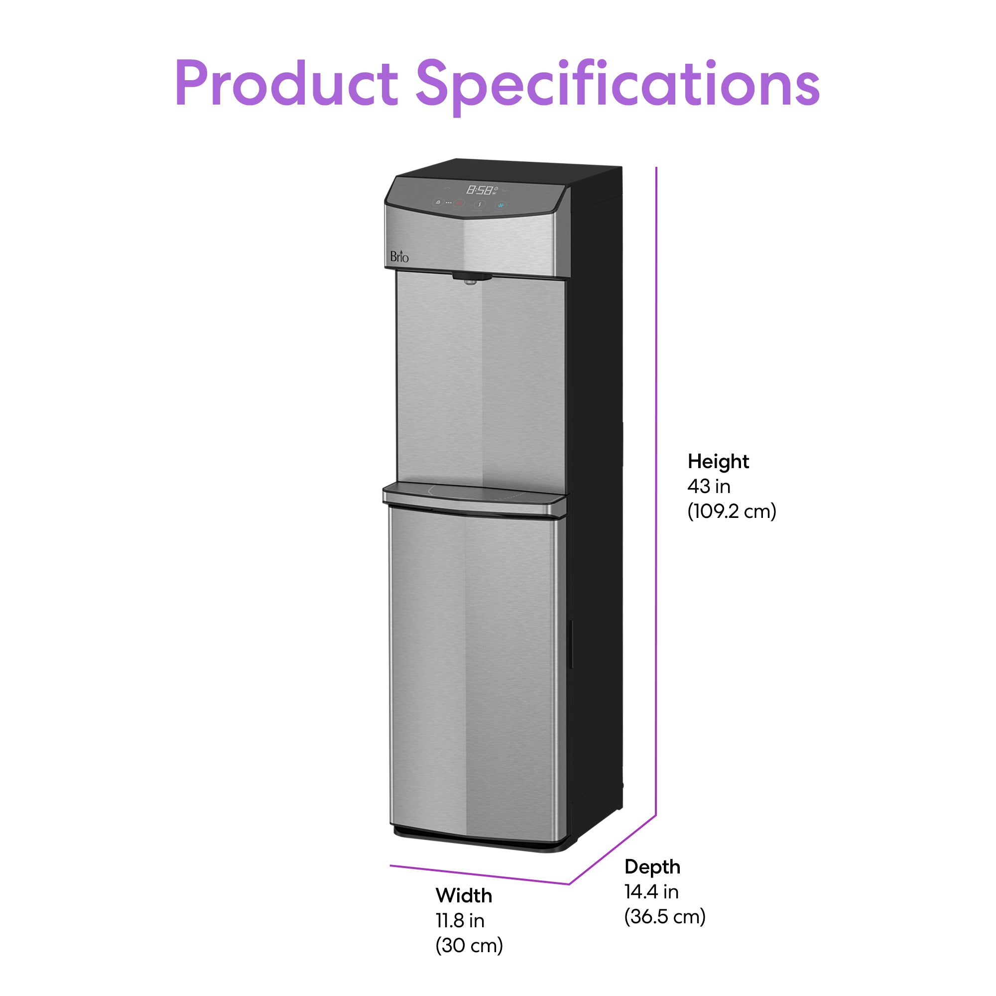 Brio 745 Series bottom load water cooler with dimensions on a white background