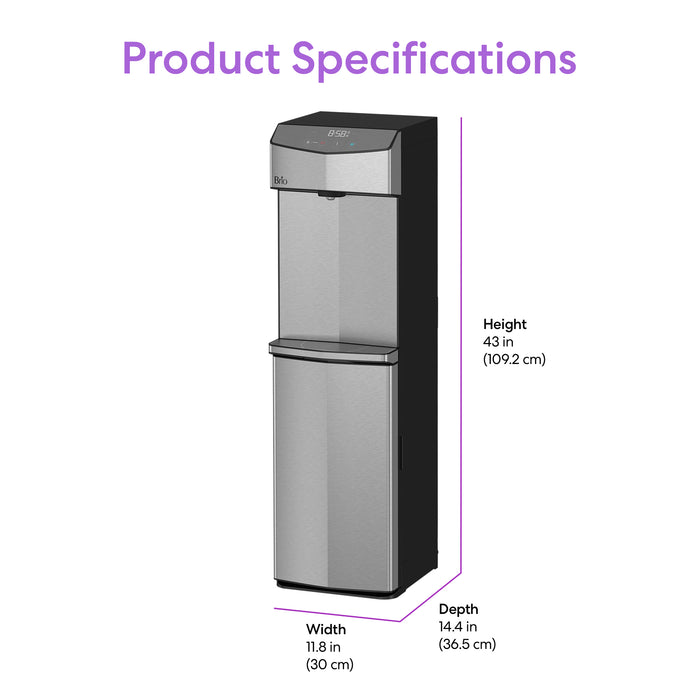 Brio 745 Series bottom load water cooler with dimensions on a white background