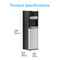 The Brio 400 Series 4-Stage Reverse Osmosis Bottleless Water Cooler, shown in black and silver, is labeled with dimensions: height 41.1 inches (104.4 cm), depth 14 inches (35.5 cm), and width 12.2 inches (31.1 cm). Product Specifications above.
