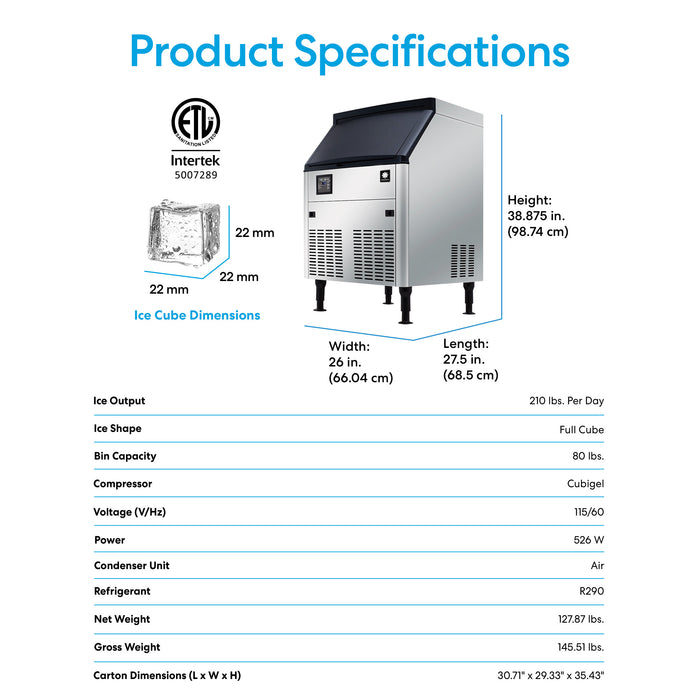 Monarch 210 lb Capacity Ice Machine with 80 lb Storage Bin