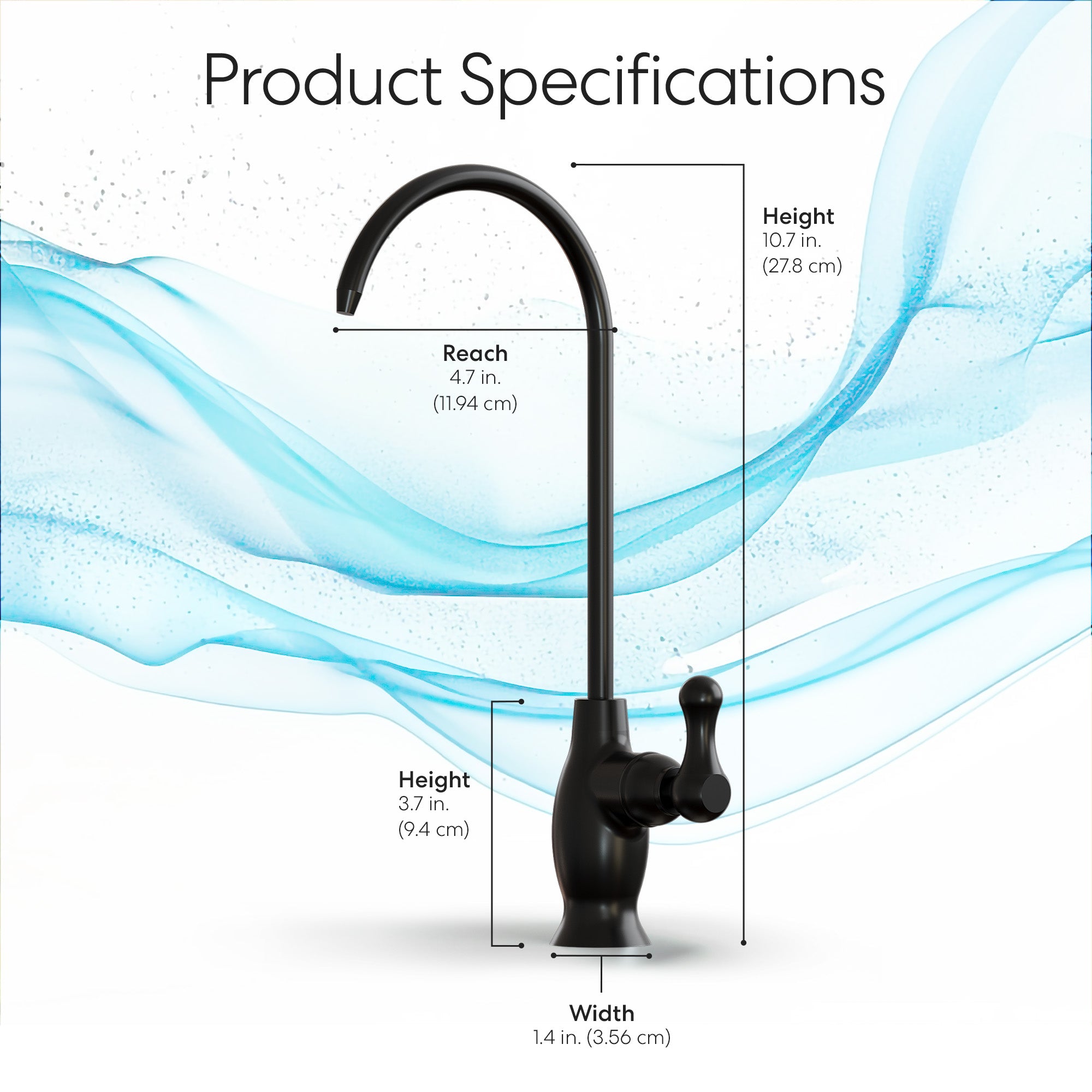 The Brio Classic Series Water Faucet – Matte Black, a black curved reverse osmosis faucet with single lever handle, is shown on a white background with blue wave accents. Labeled specs: 10" height, 4.7" reach, 3.7" base height, 1.4" width.