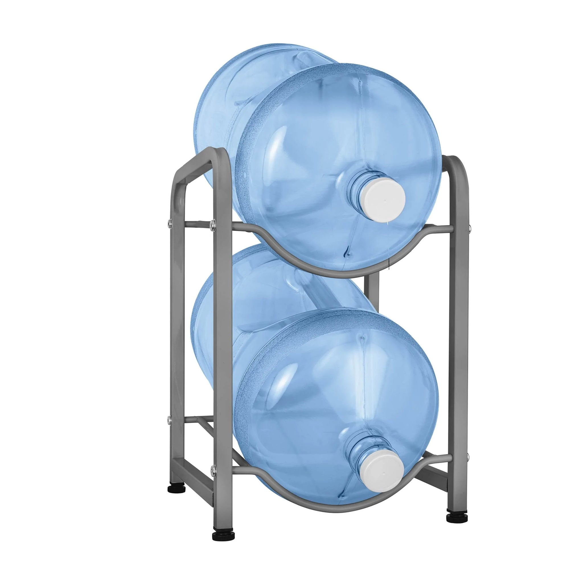 The Brio Single Column 2-Bottle Storage Rack - Gray securely holds two water bottles horizontally, one on each shelf, with caps facing outward for convenient access and installation.