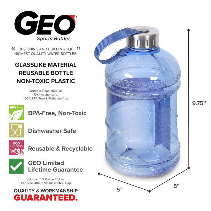 1/2 Gallon BPA Free Water Bottle, Plastic Bottle, Sports Bottle, with Stainless Steel Cap, GEO