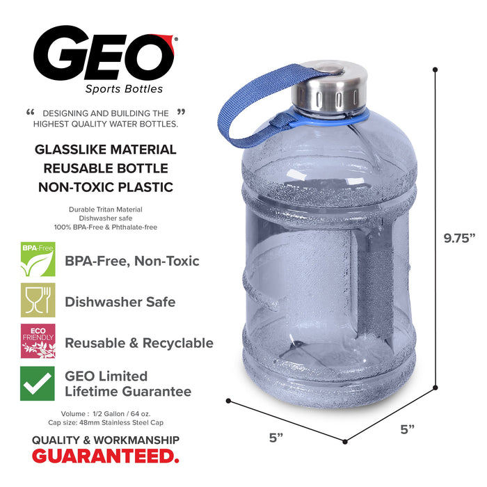 1/2 Gallon BPA Free Water Bottle, Plastic Bottle, Sports Bottle, with Stainless Steel Cap, GEO