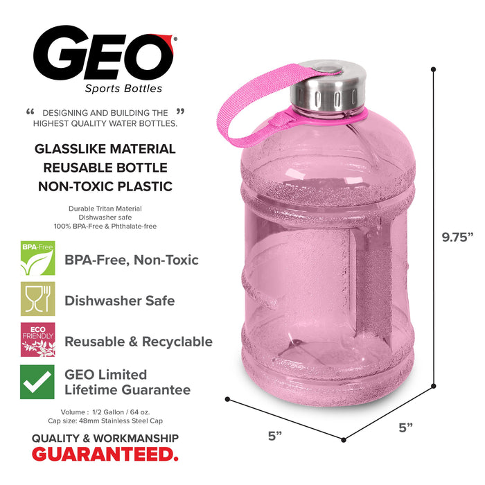 1/2 Gallon BPA Free Water Bottle, Plastic Bottle, Sports Bottle, with Stainless Steel Cap, GEO