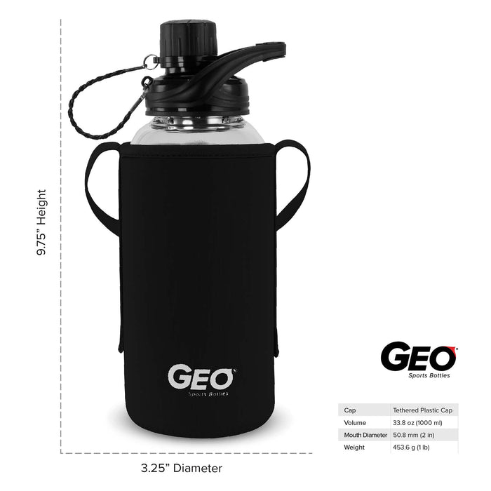 1 Liter Glass Water Bottle, Sports Bottle, with 65 mm Plastic Cap and Protective Sleeve, GEO