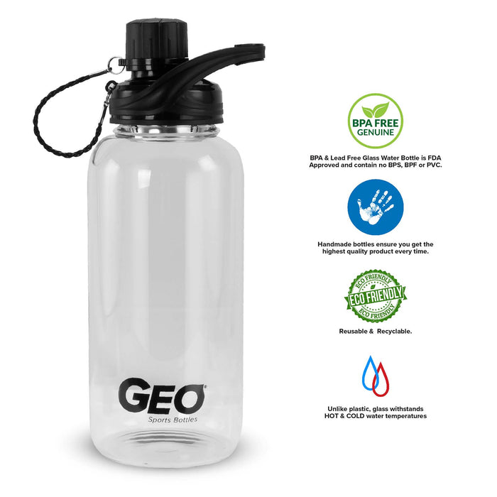 1 Liter Glass Water Bottle, Sports Bottle, with 65 mm Plastic Cap and Protective Sleeve, GEO