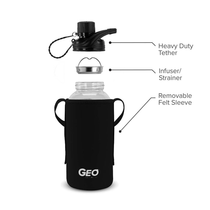 1 Liter Glass Water Bottle, Sports Bottle, with 65 mm Plastic Cap and Protective Sleeve, GEO