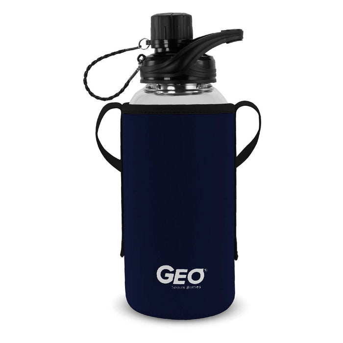 1 Liter Glass Water Bottle, Sports Bottle, with 65 mm Plastic Cap and Protective Sleeve, GEO