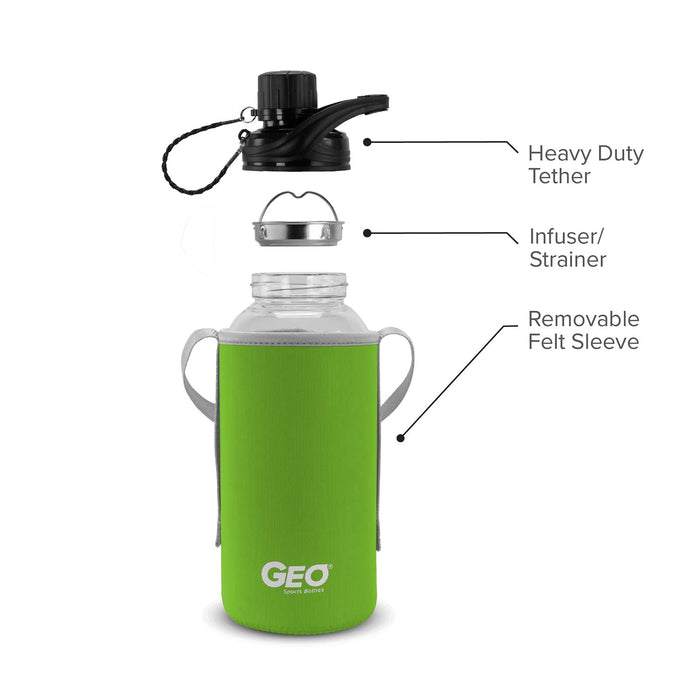 1 Liter Glass Water Bottle, Sports Bottle, with 65 mm Plastic Cap and Protective Sleeve, GEO